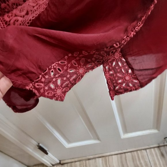 Johnny Was Crimson Red Embroidered Georgette ¾ Sleeve Top - Picture 5 of 7